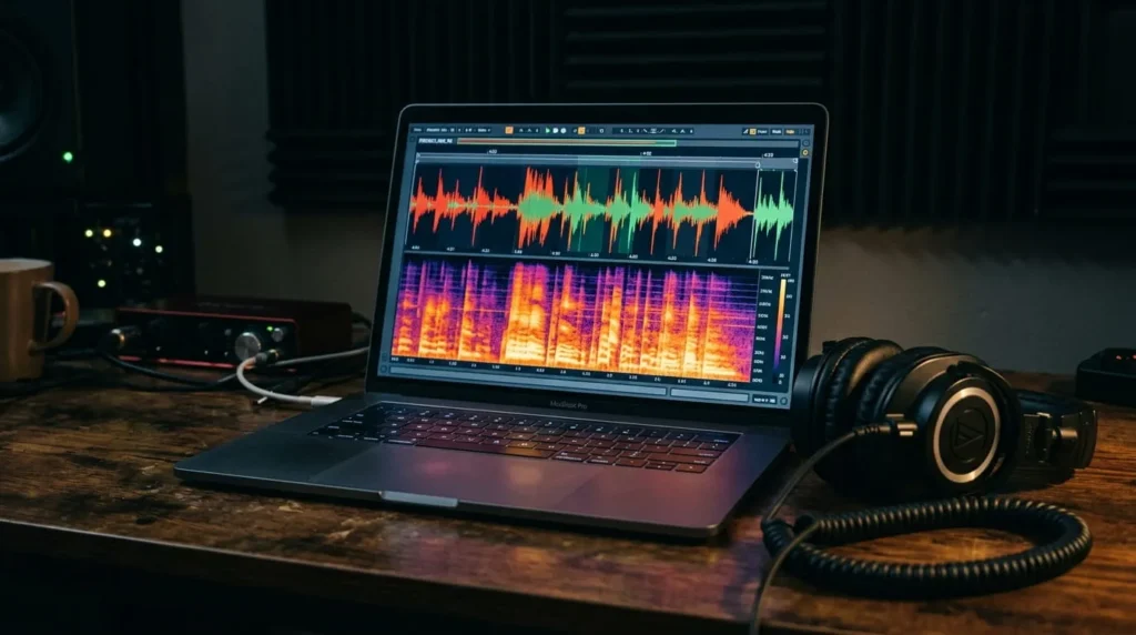 Laptop spectrogram analysis used to check if Skars AI generated tracks contain digital artifacts