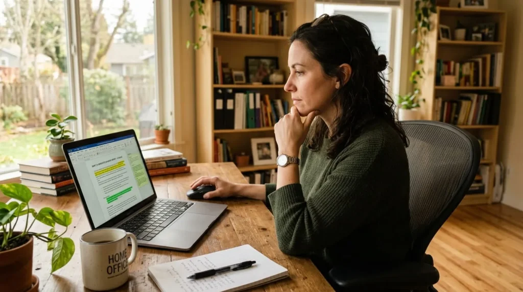 Worker reviewing AI-generated output, illustrating how to keep a job safe from AI through oversight skills