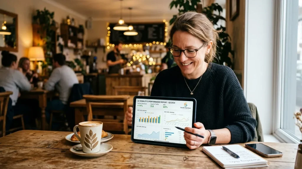 Small business owner comparing best AI visibility products on a tablet