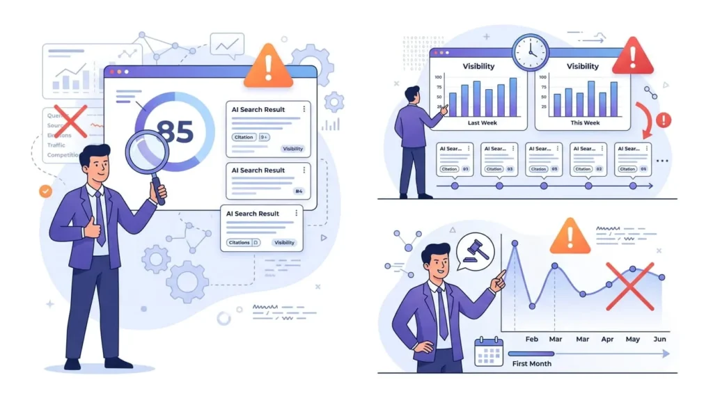 Illustration showing three common mistakes in evaluating AI visibility products: relying only on overall scores, ignoring update frequency, and judging results too early.