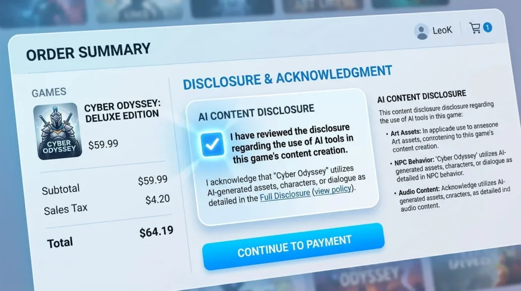 Storefront AI disclosure checkbox illustration representing Expedition 33's missing AI use disclosure on its game page