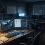 Game development studio at night representing the question of whether Expedition 33 used AI during production