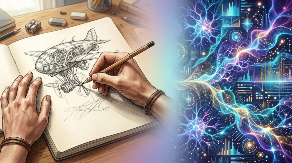 Side by side illustration comparing hand drawn concept art and AI generated texture patterns for Expedition 33