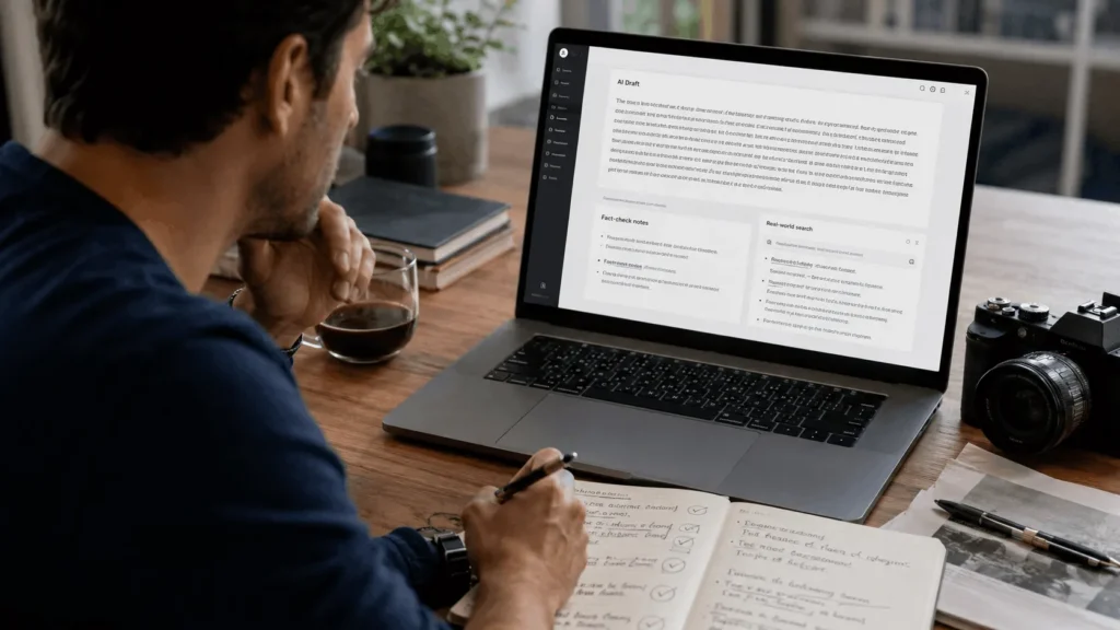 Person testing an AI tool on a laptop while reviewing its accuracy and real-world performance.