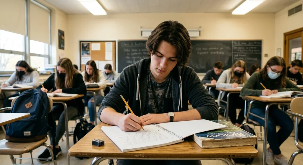 student writing an in-class sample to verify authorship against AI