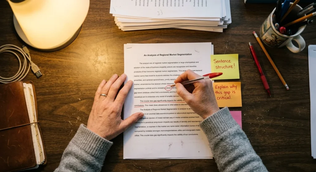teacher marking red flags on a student essay for AI writing