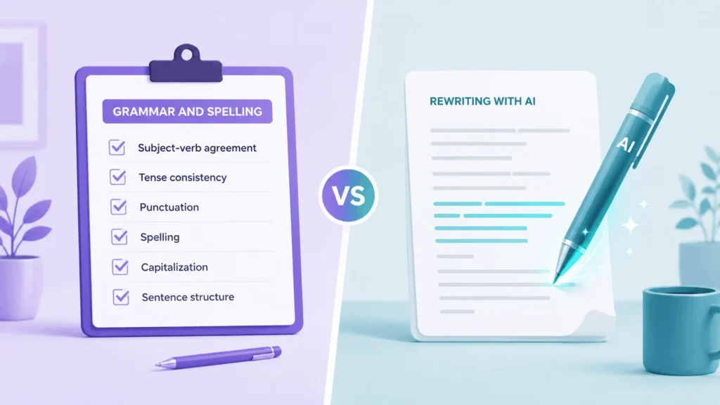 Infographic comparing Grammarly AI grammar checking against its generative rewriting features