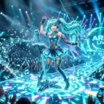 Hatsune Miku AI hologram performing live on stage with glowing sound waves