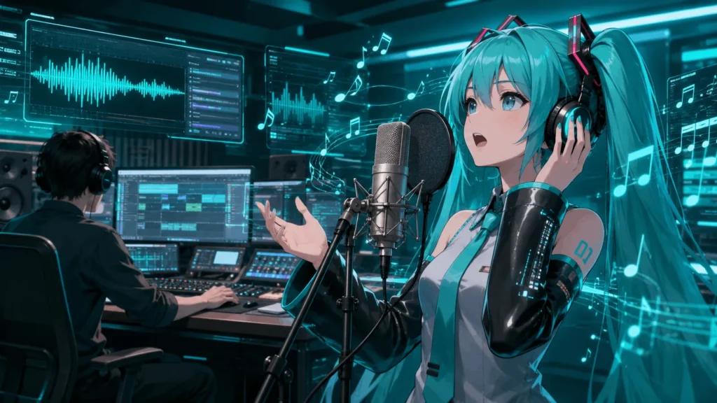 Hatsune Miku singing with AI vocal synthesis technology while a human producer creates music on a computer.