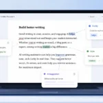 Illustration showing Grammarly AI suggestion bubbles over a document on a laptop screen