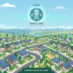 Illustration of a virtual power plant linking rooftop solar and home batteries to the electric grid