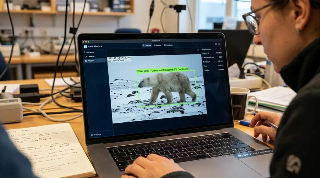 Computer vision software analyzing polar bear fur patterns, showing how AI is used in polar bear conservation rather than only harming them