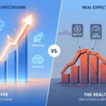 Split illustration comparing inflated hype and real results to show whether AI is overhyped