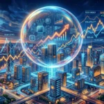 Illustration showing an AI bubble forming above a skyline of data centers and stock charts
