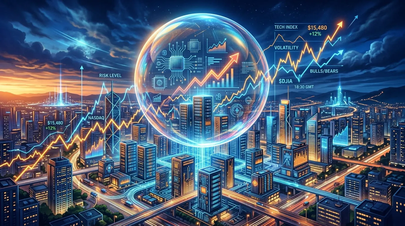 Illustration showing an AI bubble forming above a skyline of data centers and stock charts