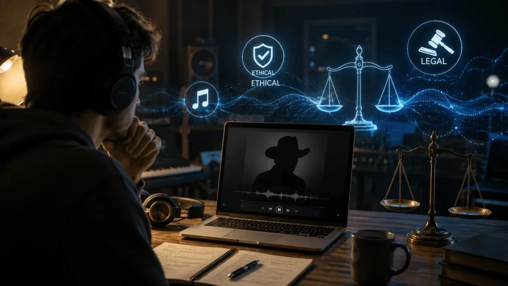 Listener evaluating AI-generated music on a laptop while ethical and legal considerations are represented by digital music graphics and justice scales.