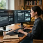 Remote worker evaluating AI tasks at a desk, illustrating whether Outlier AI is legit for freelance work
