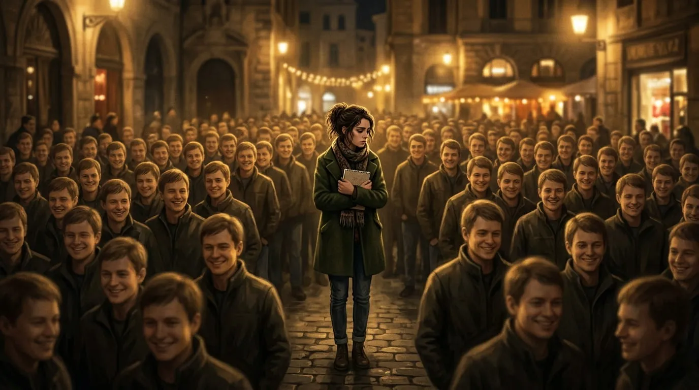 Illustration showing one woman standing apart from a smiling crowd, representing the question is Pluribus about AI