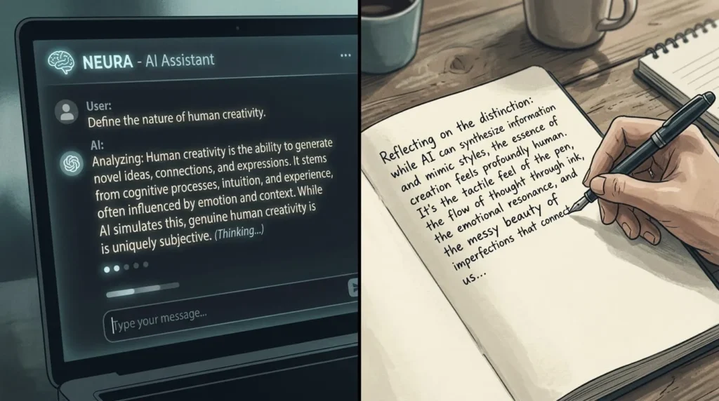 Split image contrasting an AI chat screen and handwritten notes, illustrating the is Pluribus about AI debate