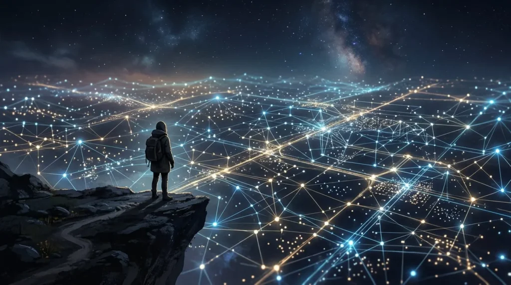 A single figure facing a glowing network, symbolizing the debate over whether Pluribus is about AI