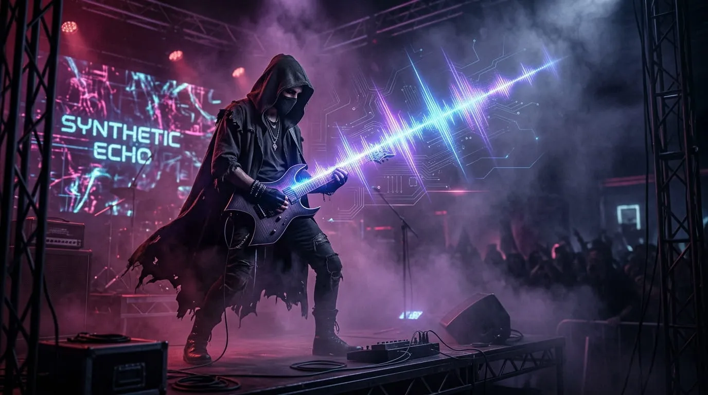 Illustration exploring whether Skars AI is behind the viral goth rock stage persona
