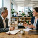 Professional discussing decisions with a client, representing jobs safe from AI that depend on human judgment