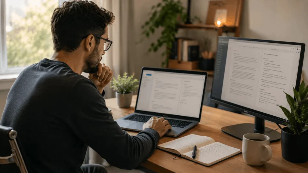 Writer reviewing AI-assisted suggestions for clarity, conciseness, and writing tone