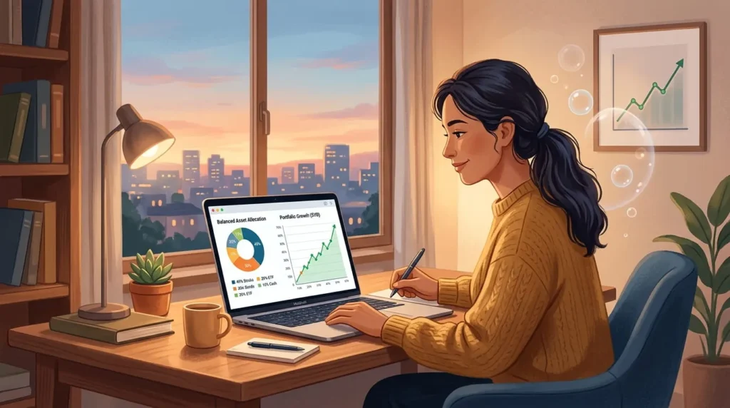 Person reviewing a balanced portfolio while considering AI bubble risk