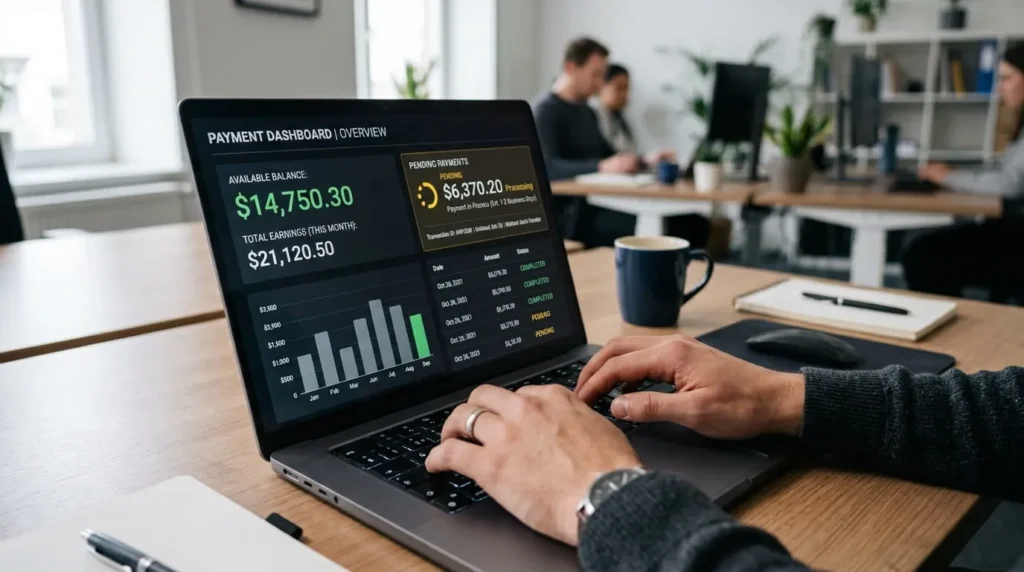 Laptop showing a payment dashboard, representing how pay works when Outlier AI is legit but payments can be delayed