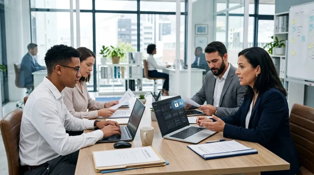 Small business team using AI technology on a laptop with a secure padlock symbol, representing private AI for mid-size businesses.