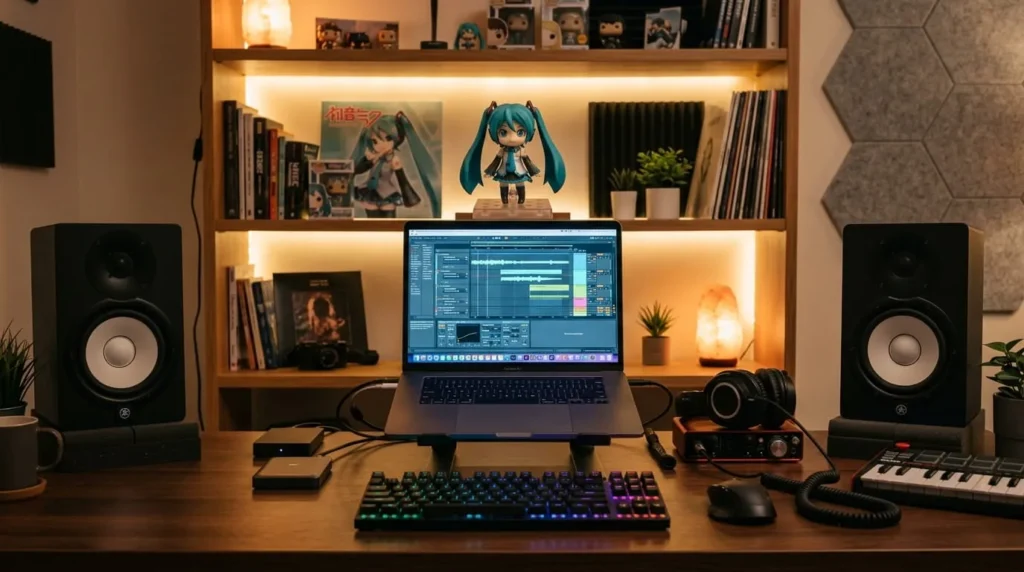 Home studio setup for creating music with Hatsune Miku AI voice software