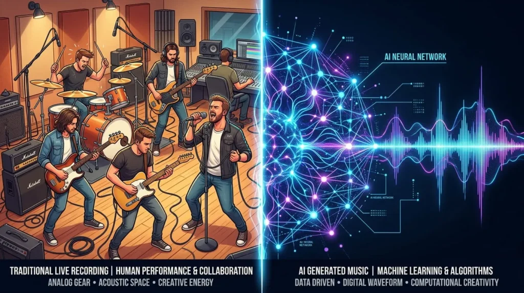 Visual comparison of traditional band recording versus Skars AI generated music production