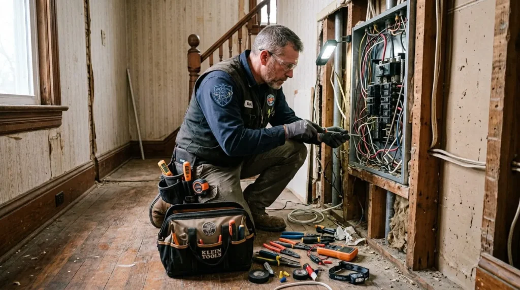 Electrician performing hands-on repair work, an example of jobs safe from AI due to physical unpredictability