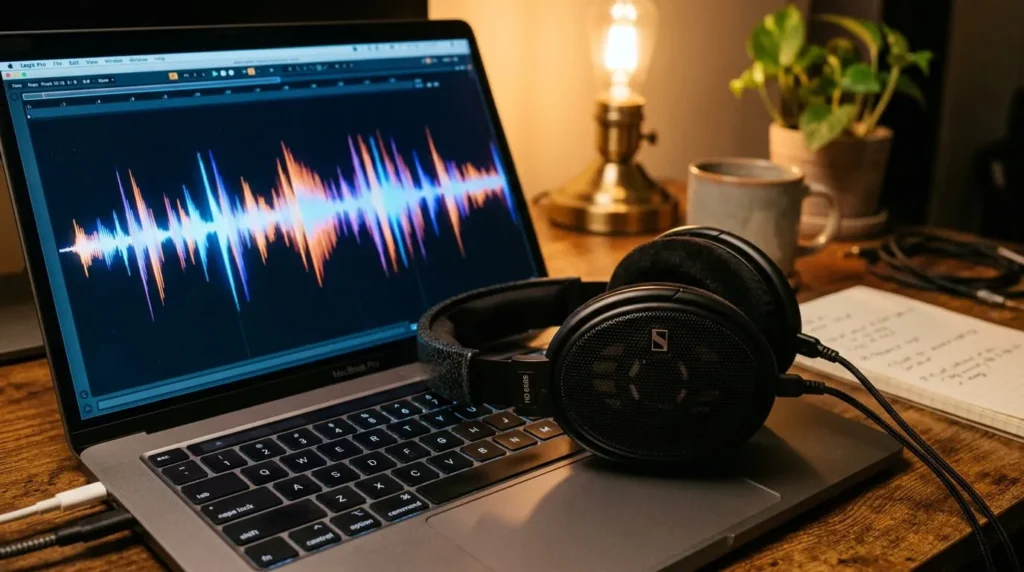 Headphones and sound wave visualization used to identify Cain Walker AI generated songs