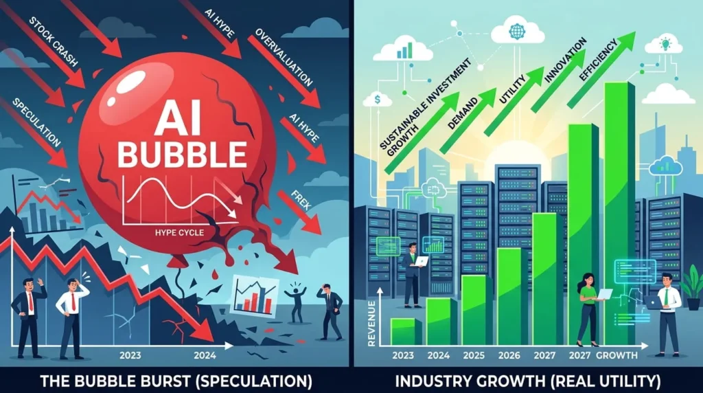 Split illustration comparing bubble risk signals against real AI revenue growth