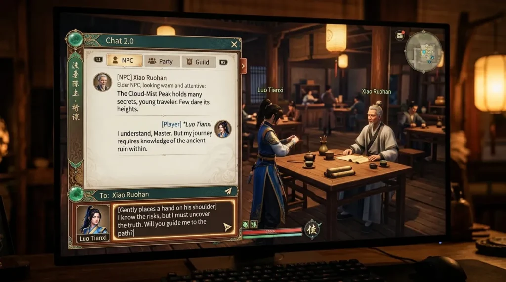 Player typing a bracketed action phrase to trick a Where Winds Meet AI NPC into completing a quest