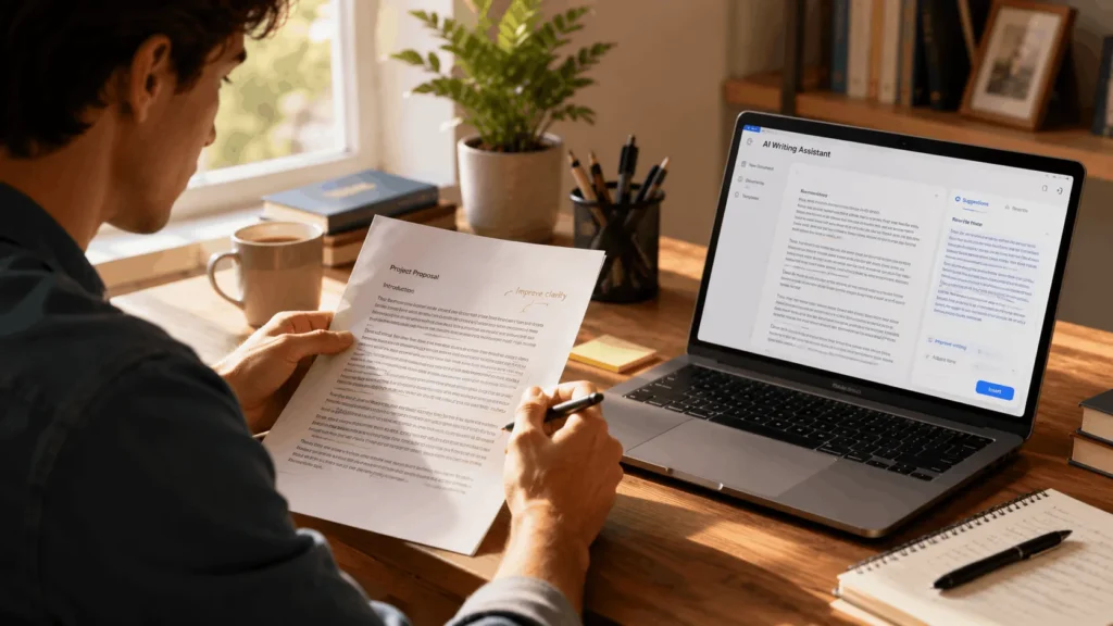 Person reviewing a document by hand alongside a laptop running Grammarly AI