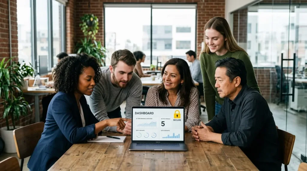 : Business team reviewing what is private ai dashboard with data protection icon
