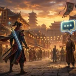 Wuxia hero talking to a Where Winds Meet AI NPC through a glowing chat bubble in an ancient city street