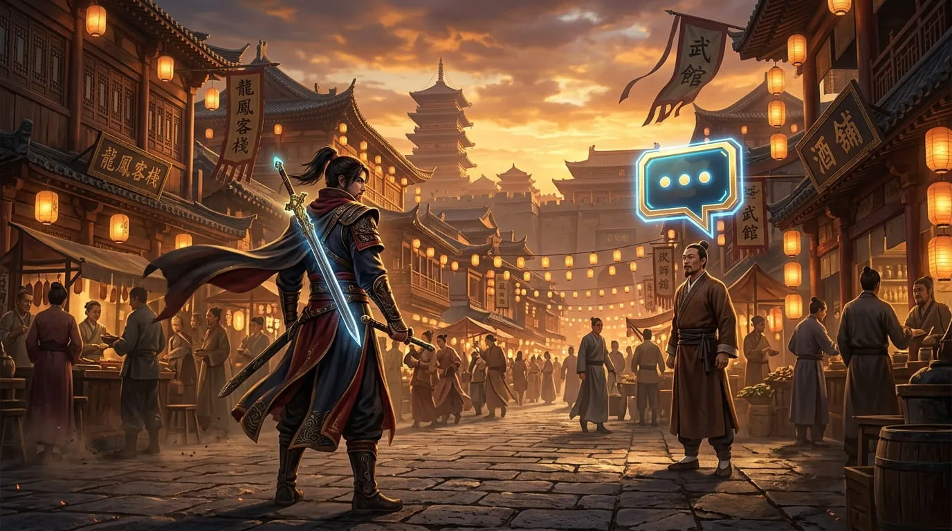 Wuxia hero talking to a Where Winds Meet AI NPC through a glowing chat bubble in an ancient city street