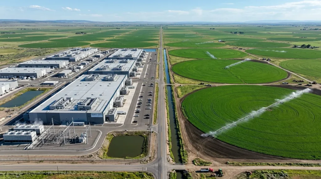 Aerial view contrasting why AI uses water against farmland irrigation near data centers