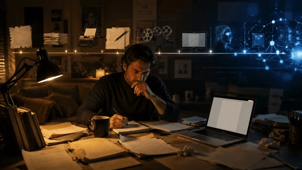 Screenwriter working on a script while a visual timeline connects traditional storytelling with the rise of modern AI technology.