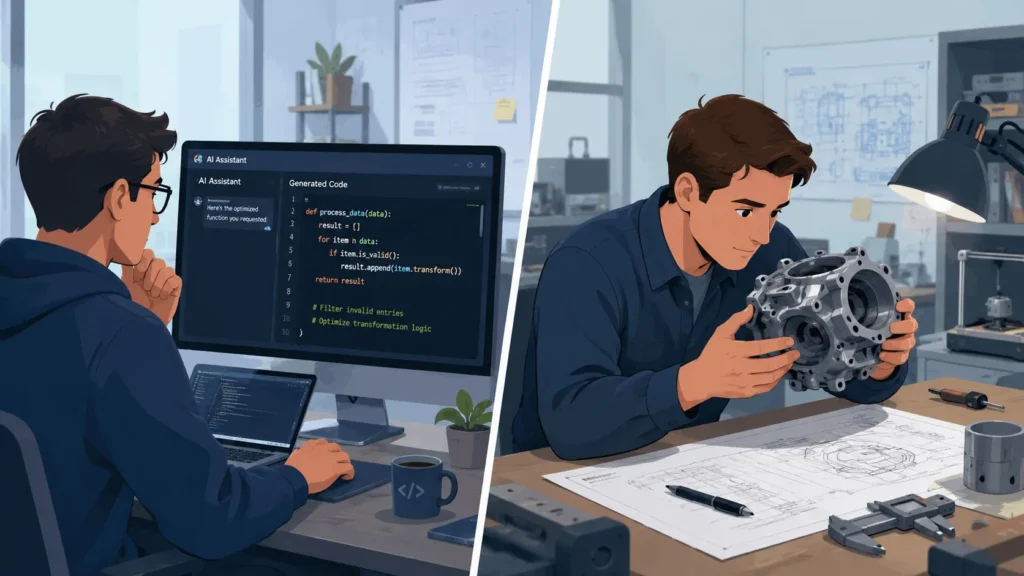 Comparison of software and mechanical engineering tasks showing how AI replace engineers concerns vary by field
