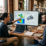 Engineer reviewing AI-generated design simulations to explore whether AI will replace engineers
