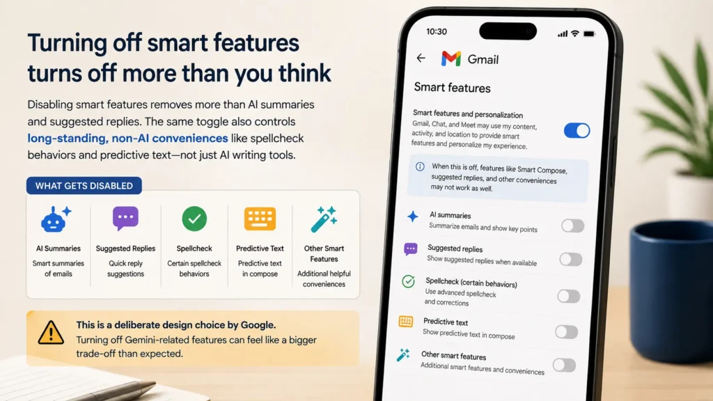 Gmail smart features settings showing AI summaries, suggested replies, spellcheck, and predictive text being disabled