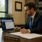Lawyer using AI-powered legal research software in a modern office