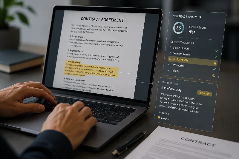 AI contract review software highlighting key clauses in a legal document