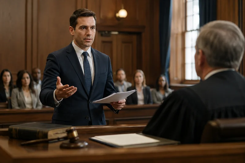 Attorney presenting a case in courtroom advocacy