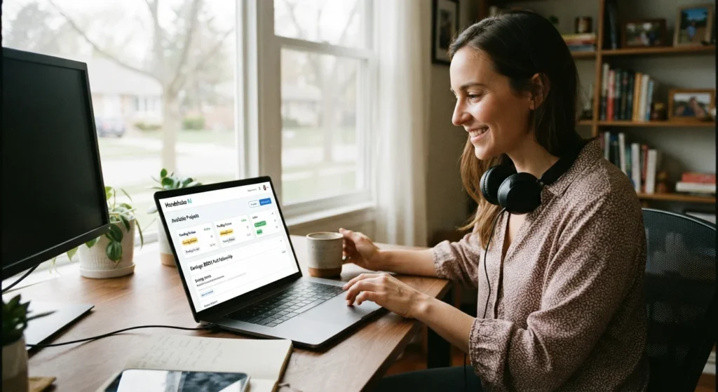 Woman smiling while working on her laptop at a desk with coffee and headphones.