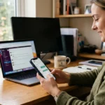 Person checking chat app safety on smartphone at desk